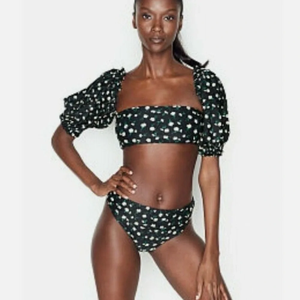 Onia x WeWoreWhat Daisy Floral Bikini Top Size L NWT Puff Sleeve Black Swim